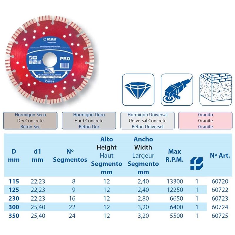 

60723 - Disco diamante segmentado obra general - 1851 - 230 x 12 mm - Izar