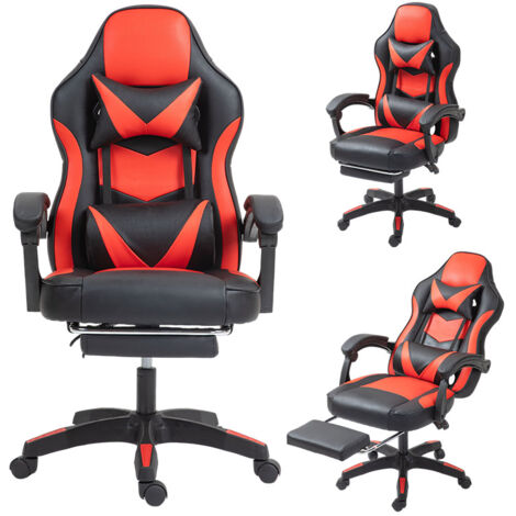 Iztoss – Fauteuil de gaming réglable noir et rouge – Repose-pied télescopique – Coussin de tête et lombaire ajustables – Mousse haute densité