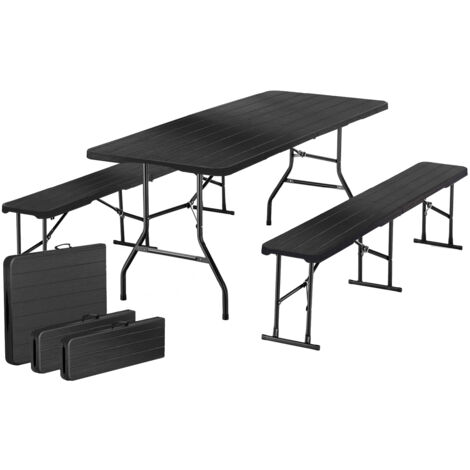 Iztoss – Table de jardin pliante 180 cm – Ensemble avec 2 bancs pliants – 8 places – Plastique HDPE et acier galvanisé – Noir