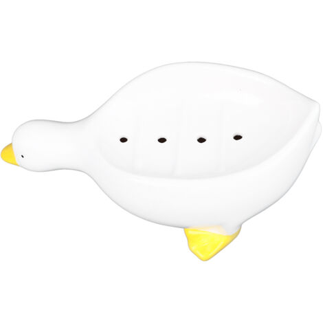 Jabonera de cerámica blanca extraíble de 20 cm con forma de pato, con desagüe y superficie texturizada para baño y cocina.