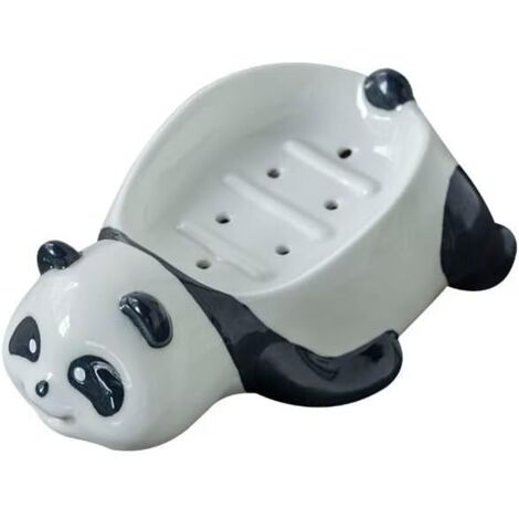 Jabonera de cerámica con forma de panda, ideal para ducha, baño, fregadero y bañera. Bandeja autodesagüe para encimera, fácil de limpiar.