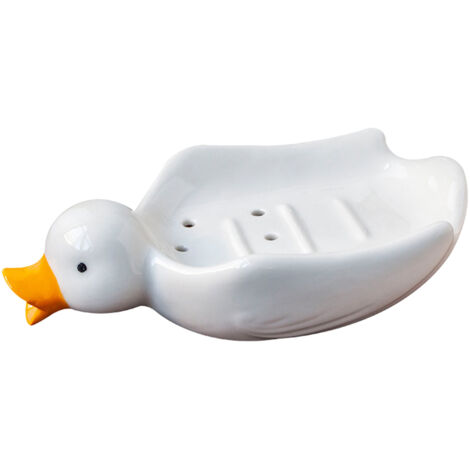 Jabonera de cerámica con forma de pato y desagüe automático para el baño, 18x10x5 cm, blanca, 1 unidad.