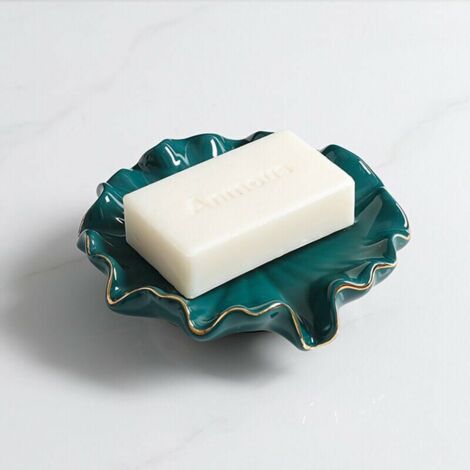 Jabonera de cerámica, jabonera con escurridor, jabonera de baño con forma de hoja de loto (verde)
