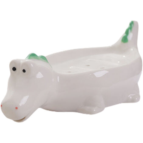 Jabonera de cerámica para fregadero – desagüe automático – bonito diseño de animales (dinosaurio/delfín/pollito/pato) – blanca – ventilada, antideslizante – 1 pieza