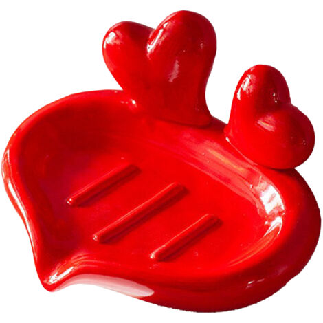 Jabonera de cerámica roja con forma de corazón y bandeja antigoteo, soporte de jabón creativo para el fregadero sin necesidad de taladrar.