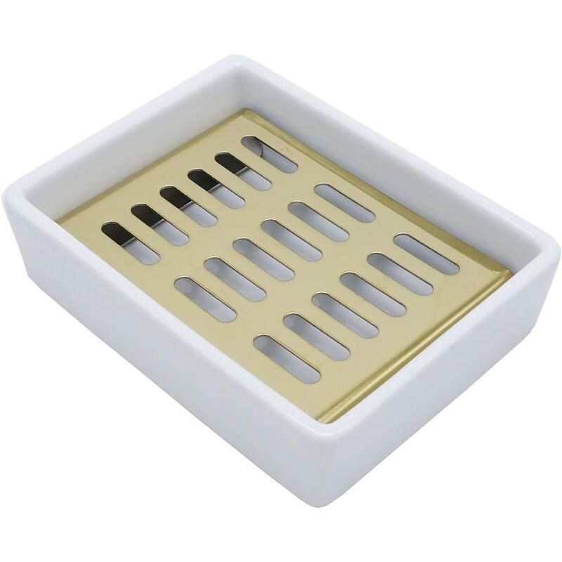 

Jabonera de cerámica, jabonera de baño y ducha de acero inoxidable, jabonera de doble capa (oro)