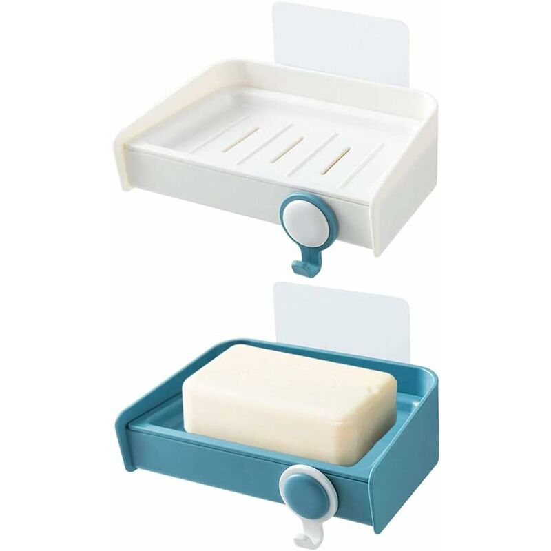 

Jabonera de pared, 2 jaboneras de drenaje, jabonera de plástico, jabonera extraíble con gancho para cocina, baño, jabón, objetos pequeños (azul y