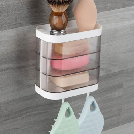 Jabonera de pared de 3 niveles con 2 ganchos, soporte giratorio de 180 grados, a prueba de polvo, organizador de almacenamiento para baño, ducha y cocina (transparente).