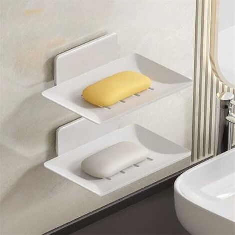 Jabonera de pared, sin perforaciones, juego de 2, blanca jabonera de aluminio gris soporte para jabón de pared estante de almacenamiento para baño