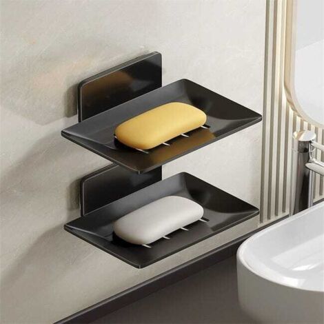 Jabonera de pared sin perforaciones, juego de 2, negra jabonera de aluminio gris soporte para jabón de pared estante de almacenamiento para baño