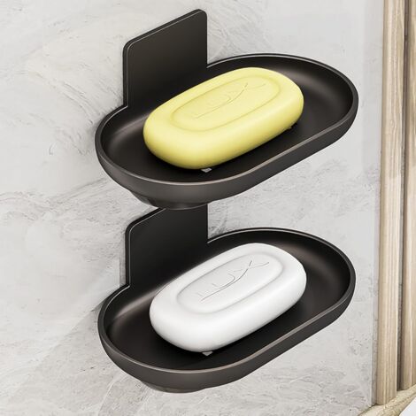 Jabonera doble para ducha, de pared, con bandeja de drenaje, de aluminio, color negro.