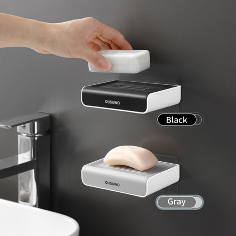 [Jabonera mural sin taladrar] + Jabonera + Modelo – Jabonera con desagüe para ducha y bañera fabricada en plástico ABS gris/negro, autoadhesiva, de doble pared e hidrófuga, tamaño 13 x 9 cm
