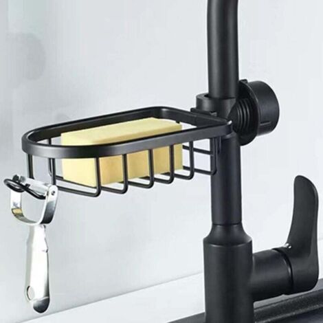 Jabonera para barra de ducha con gancho - Estante sin taladro, cesta, organizador para esponja y accesorios - Para barra de 20-27 mm (negro)