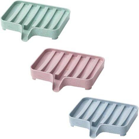 Jabonera para tocador y lavabo, material reciclable, jabonera de 3 piezas para ducha y cocina, mantiene el jabón seco y limpio, 3 colores (azul, rosa, verde)