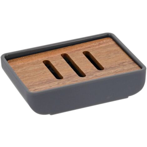 Jabonera rectangular de caucho + abs y acacia - gris - Tendance