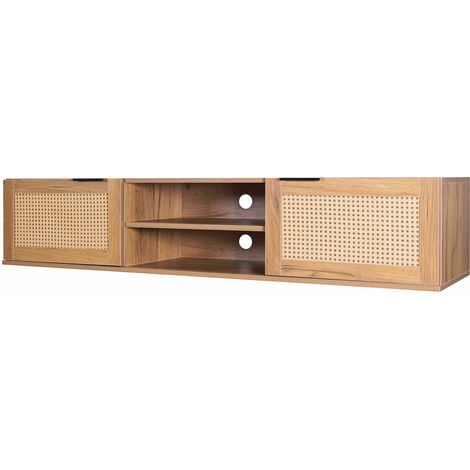 Jacala - Meuble TV en bois et rotin, 2 portes et 2 compartiments ouverts
