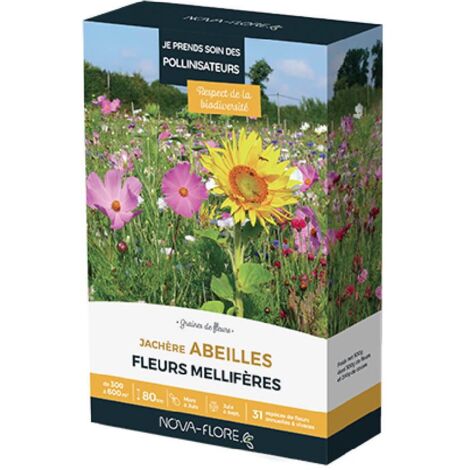 Jachère abeilles 300 à 600 m² – Graines de fleurs pour pollinisateurs – Semis de mars à juin – Floraison dès avril en 2e année – Novaflore