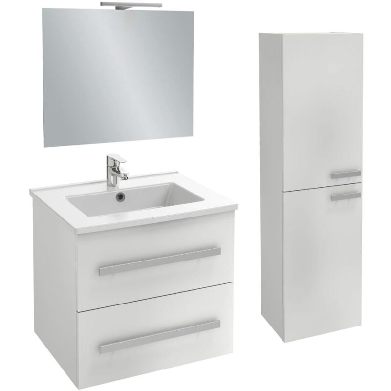 meuble vasque 60 cm jacob delafon ola up blanc brillant + colonne + miroir et spots - blanc