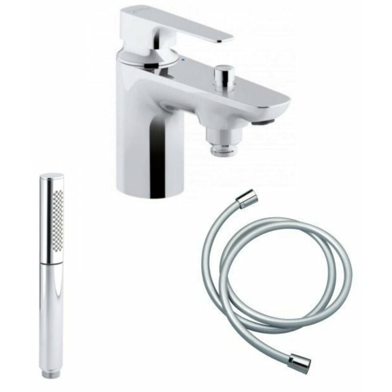 Mitigeur baignoire monotrou Aleo+ avec douchette 2 jets Shift Ellipse chromé et flexible lisse anti-torsion 1600 mm Chrome - Jacob Delafon