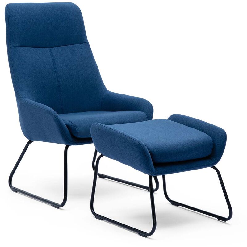 Cosy Chair - JACOBSEN OCCASIONAL FABRIC LOUNGE BEDROOM MODERN METAL LEGS ACCENT CHAR WITH STOOL BLUE