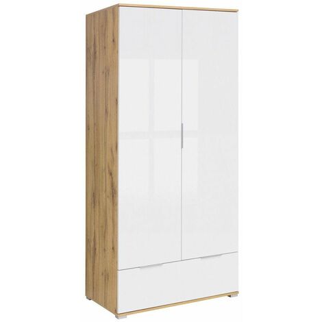 Armoire scandinave avec penderie et tiroirs finition blanc mat et bois  chêne clair L100 cm KELMA - Miliboo