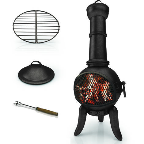Jago® Cheminée d'Extérieur - avec Trappe Grillagée, 108 cm de Hauteur, en Fonte, Vintage Design, avec Tisonnier - Brasero, Poêle d'Extérieur, Terrasse, Jardin