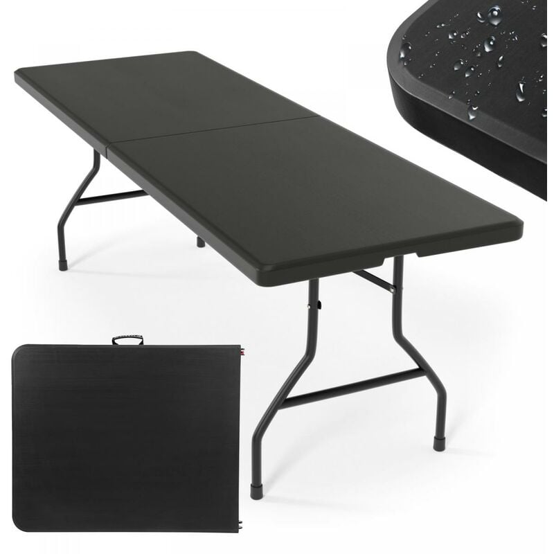 Table Pliante - 183 x 76 cm, Cadre en Acier, Max. 150 kg, avec Poignée de Transport, Portable, Imperméable, pour 6 Personnes, Rectangulaire, en Noir