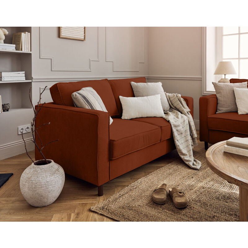 Lisa Design - Jake - canapé 2 places en velours côtelé - pieds bois foncé - rouille