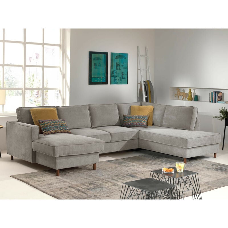 Lisa Design - Jake - canapé panoramique d'angle droit - convertible avec coffre - 7 places - en velours côtelé - gris clair