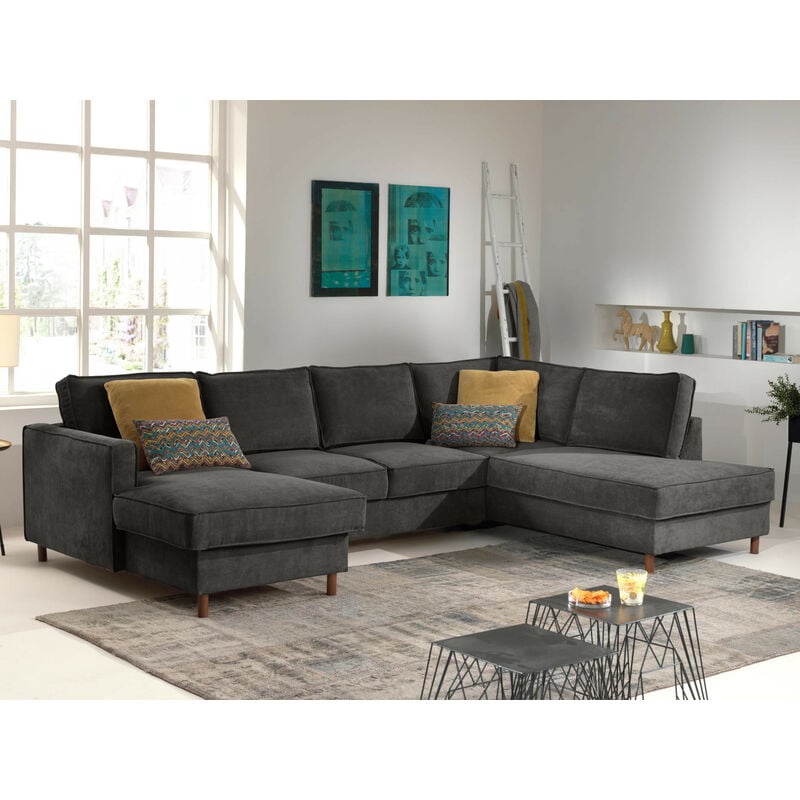 Lisa Design - Jake - canapé panoramique d'angle droit - convertible avec coffre - 7 places - en velours côtelé - gris foncé