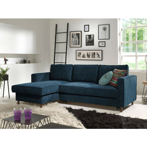 Jake - ecksofa mit schlaffunktion - mit bettkasten - 4-sitzer - aus velours - links - schieferblau