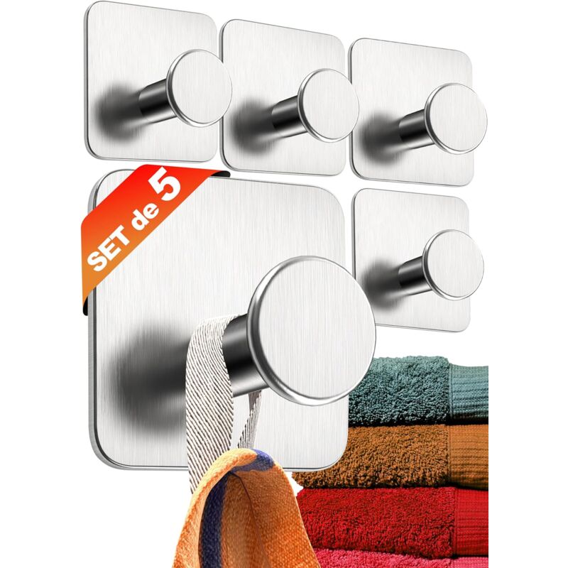 Towel Hooks Towel Holder without Drilling Set of 5 – Modern Bathroom Towel Hooks – Wall Adhesive Hooks Made of Stainless Steel - Jalleria