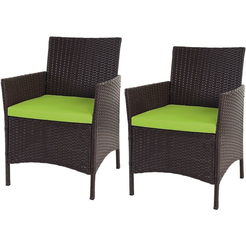 HHG - jamais utilisé] 2x fauteuil de jardin Halden en polyrotin, fauteuil en osier marron chiné, coussin vert - brown
