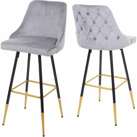 [JAMAIS UTILISÉ] 2x tabouret de bar HHG-665, chaise de bar/comptoir, design rétro, velours, haubans/pieds dorés, gris