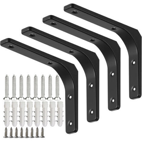 [JAMAIS UTILISÉ] 4 Pièces Équerre Étagère de Fixation Noir, Supports D'étagère Murale, Équerre Murale en Forme de L avec Vis et Ancrages Assortis, Capacité de Charge Maximale de 70kg (150 x 200 mm)