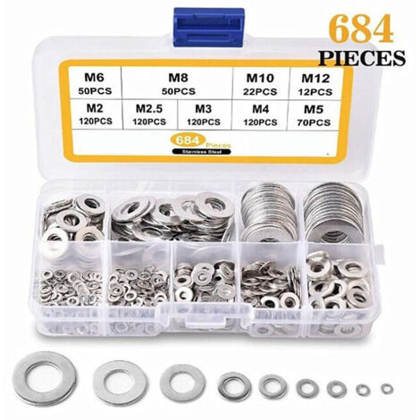 [JAMAIS UTILISÉ] 684 Pièces Rondelles Plates, Assortiment de Rondelles en Acier Inoxydable, Rondelles de Blocage Plates Métal 9 Tailles pour Plomberie, Usines, Réparations - M2 M2.5 M3 M4 M5 M6 M8 M10
