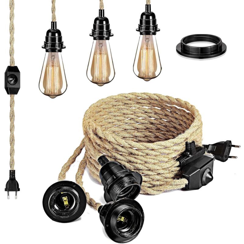 Jamais utilisé] 6,8M Câble électrique en lin 2 Conducteurs, avec E26/E27 Douille(3 douilles) et Interrupteur graduable, pour diy Lampe(sans ampoule)