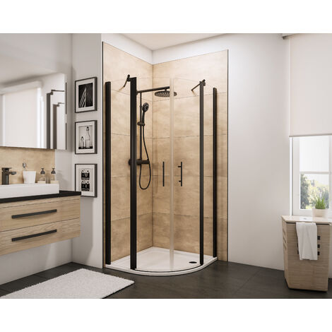 [JAMAIS UTILISÉ] Accès d'angle arrondi avec portes de douche battantes, verre 5 mm transparent anticalcaire, profilé noir, style industriel, Schulte, 90 x 90 x 192 cm