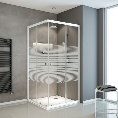 [JAMAIS UTILISÉ] Accès d'angle droit avec parois portes de douche coulissantes, 75-90 x 75-90 x 180 cm, verre 4 mm, Sunny Schulte, décor rayures, profilé blanc