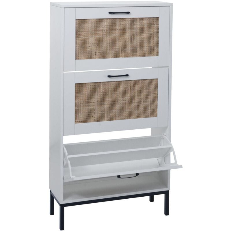 [JAMAIS UTILISÉ] Armoire à chaussures HHG-703, Meuble à chaussures, 3 compartiments façade en rotin mélamine, 126x63x24cm, blanc