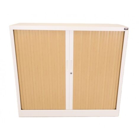 [JAMAIS UTILISE] Armoire Basse à Rideaux de Bureau MTI 2 Tablettes Corps Blanc et Rideaux Hêtre 120x105x43cm - AM1210R-HE