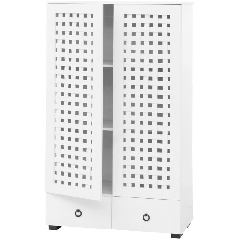 Jamais utilisé] Armoire HHG 358, armoire de salon, design 3D tressé 2 portes 3 compartiments de rangement 2 tiroirs Soft-Close, 138x80x36cm, blanc