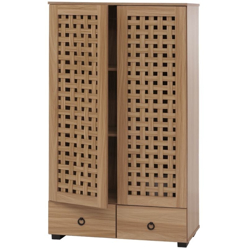 HHG - jamais utilisé] Armoire 358, armoire de salon, design 3D tressé 2 portes 3 compartiments de rangement 2 tiroirs Soft-Close, 138x80x36cm, brun