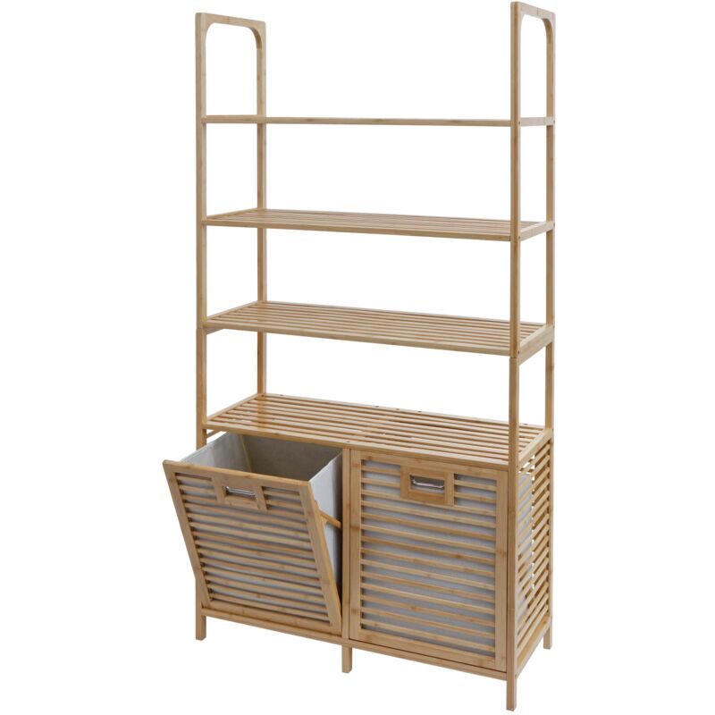 Jamais utilisé] Armoire de salle de bain en bambou HHG 592, étagère, armoire de rangement, 2 paniers à linge 168x81x33cm