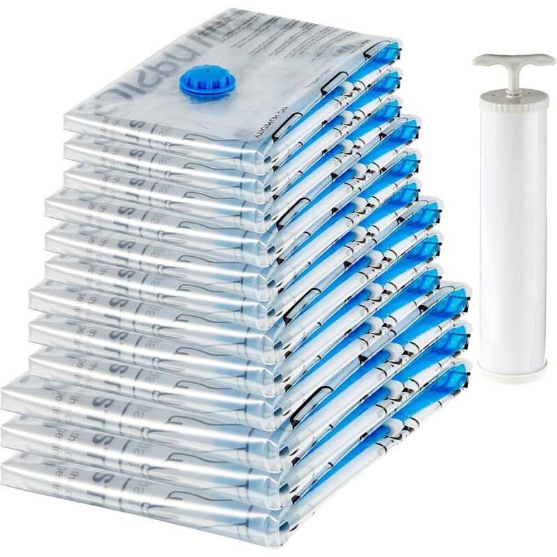Jamais utilisé] Basics de rangement sous vide avec pompe manuelle, Lot de 12, (3 jumbo, 3L, 3M, 3S), Fermeture éclair, Multiple, Blanc,bleu