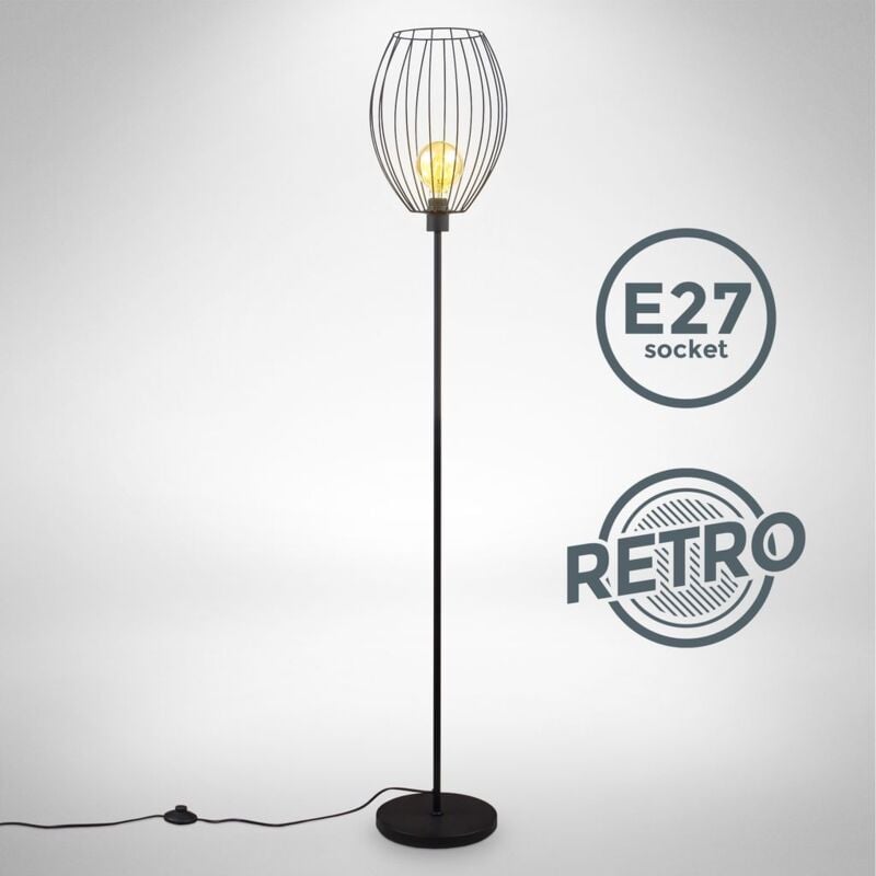 B.k.licht - jamais utilisé] Retro Lampadaire avec abat-jour en métal i Interrupteur à pédale i Hauteur 159,6 cm i douille E27 i Métal Noir i sans