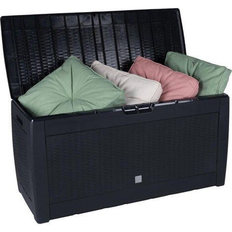 [JAMAIS UTILISE] Boîte à coussins de jardin - Living Style - Boîte de rangement - aspect rotin - verrouillable - avec roues - poignées - 310 litres - Noir