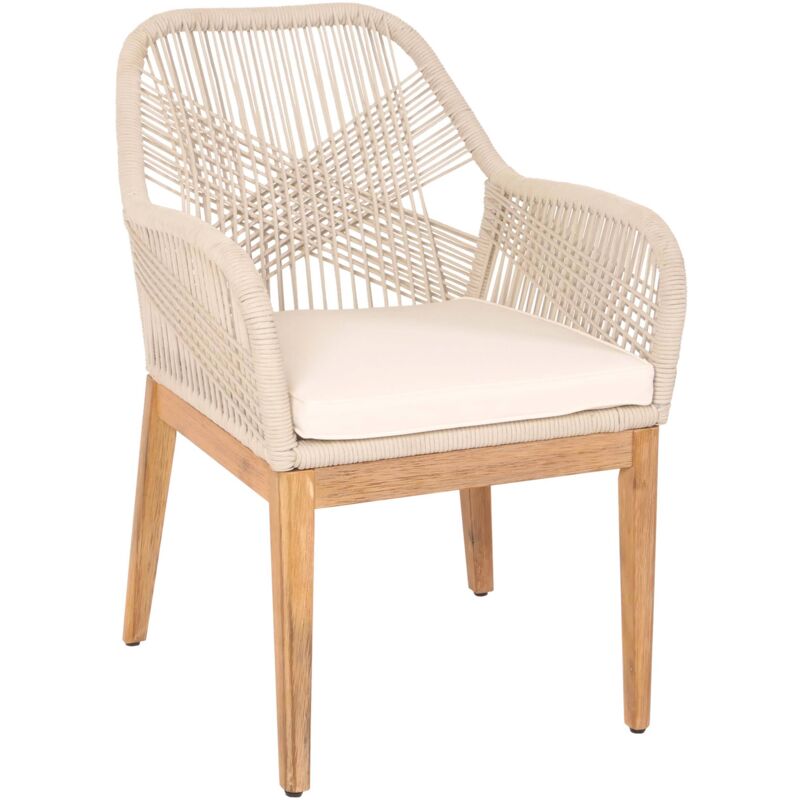 Jamais utilisé] Chaise de jardin HHG 678b, fauteuil Outdoor chaise, résistant aux intempéries corde tressée bois acacia, beige coussin crème-blanc