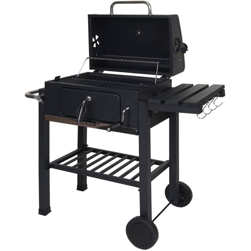 HHG - jamais utilisé] Chariot de barbecue 862, barbecue au charbon de bois Barbecue bbq gril de jardin avec couvercle étagères, acier, 110x100x51cm