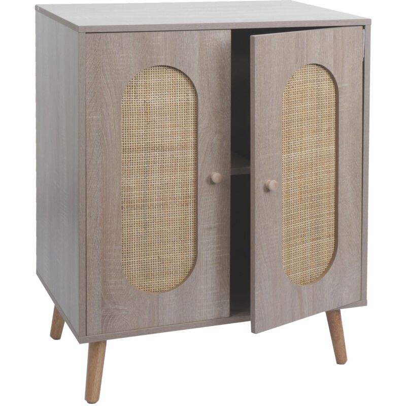 Jamais utilisé] Commode HHG 205, Armoire Sideboard Highboard, compartiments de rangement, Kubu rotin bois mélaminé, aspect chêne
